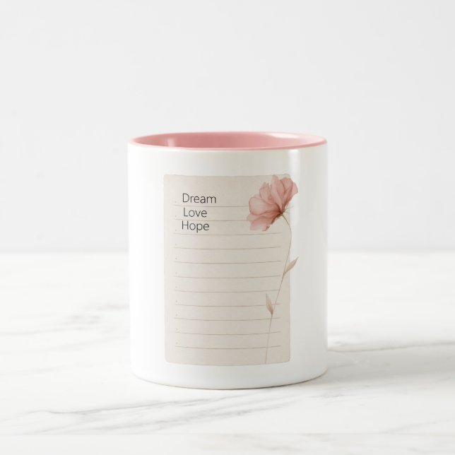 Dream Love Hope Notes Pink Flower Two-Tone Coffee Mug (Center)