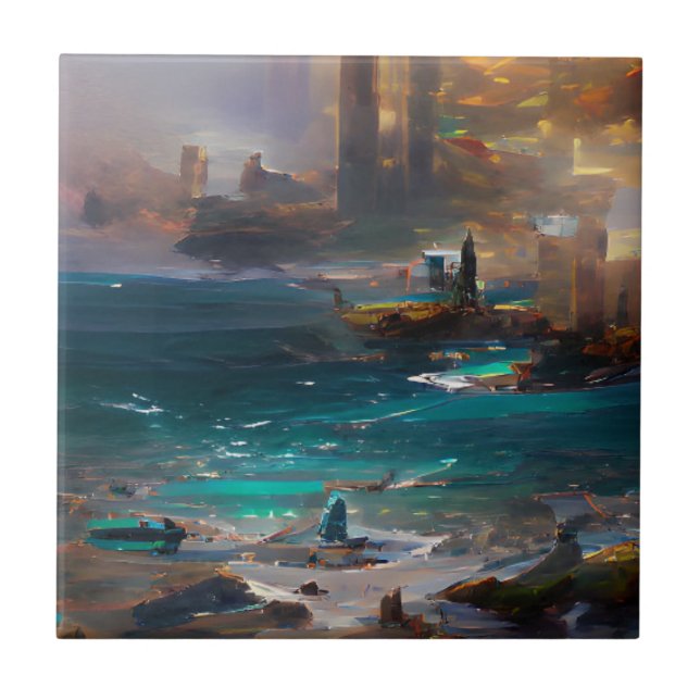 Dream of a water-world city abstract digital art  tile (Front)