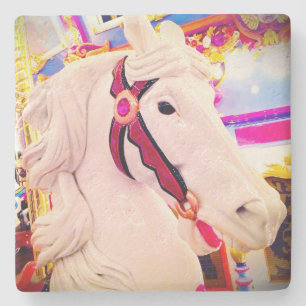 "Dream On" quote cute white carousel horse photo Stone Coaster