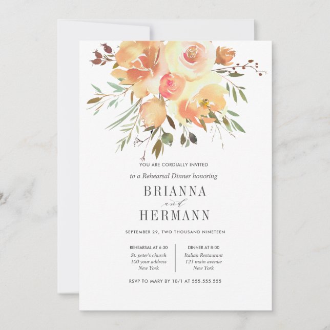 Dream Peach | Flowers Wedding  Rehearsal Dinner Invitation (Front)