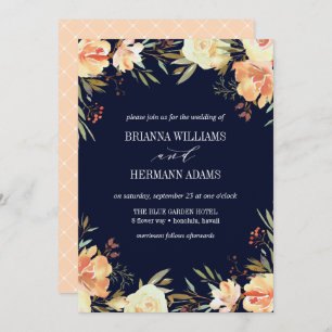 Dream Peach & Navy Fancy rustic Flowers wedding Invitation