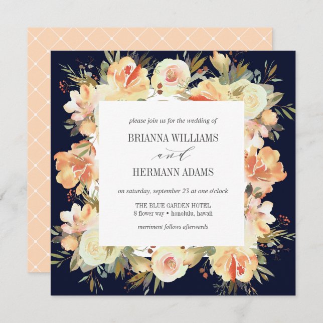 Dream Peach & Navy | Spring Floral Diamond Wedding Invitation (Front/Back)
