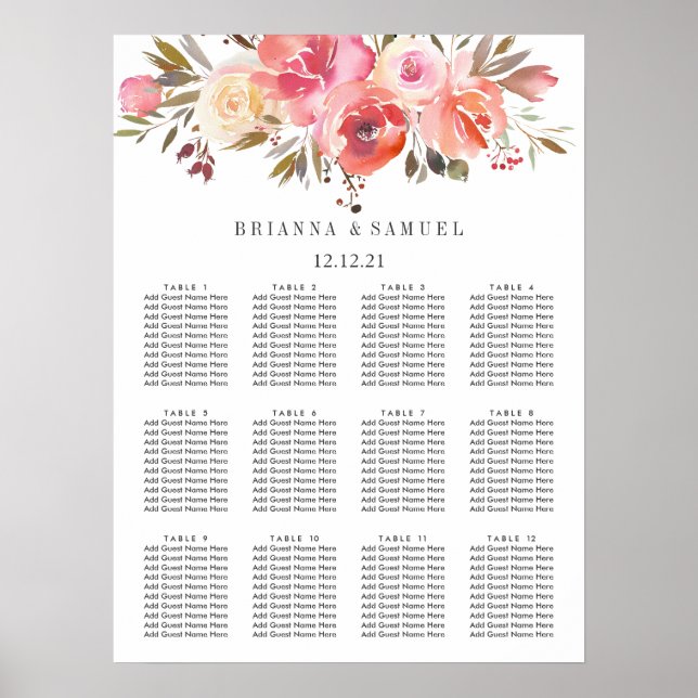 Dream Pink  Floral Wedding Seating Chart (Front)