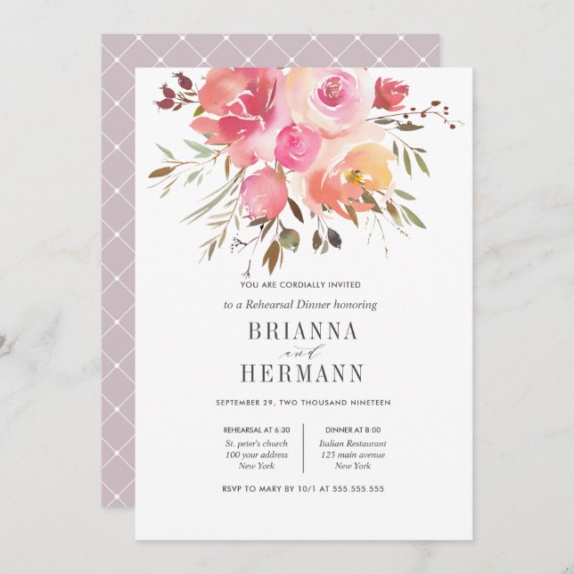 Dream Pink | Flowers Wedding  Rehearsal Dinner Invitation (Front/Back)