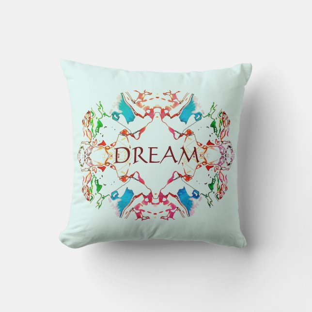 "Dream" Red Blue Green Burgundy Mandala on Aqua Cushion (Front)
