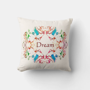"Dream" Red Blue Green Burgundy Mandala on Beige Cushion