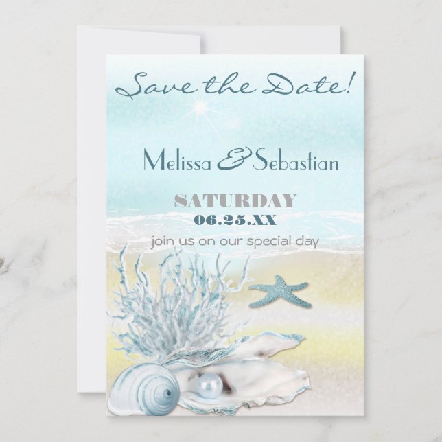 Dream Shore Beach Blue Wedding Save the Date (Front)