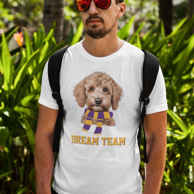 Dream Team Customisable Colour Sport Fan Dog Lover T-Shirt (Cute Poodle Dog with Custom Sports Team text. Any colors)