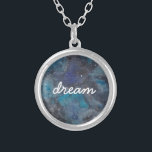 Dream Watercolor Starry Sky Inspirational Script Silver Plated Necklace<br><div class="desc">This space inspired necklace featuring a hand painted galaxy with stars and planets and the word "dream" makes a wonderful gift for a loved one or for yourself. Part of a collection from Parcel Studios. Text is customisable.</div>