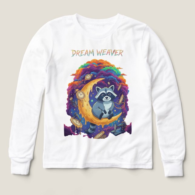 Dream Weaver: Whimsical Raccoon Moon Art T-Shirt (Design Front)