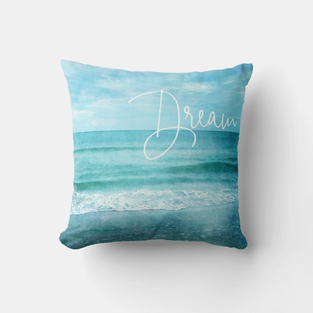 Dream Yoga Quote Retro Beach Teal Blue Ocean Cushion (Front)