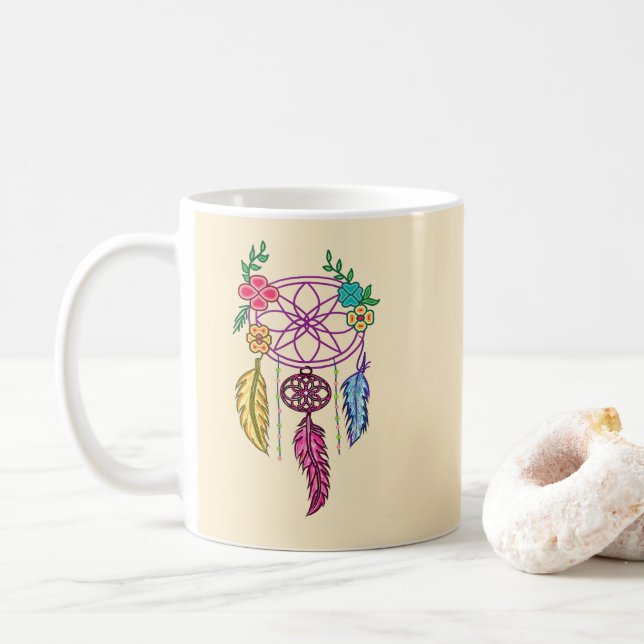 Dreamcatcher and flower held in hand coffee mug (With Donut)
