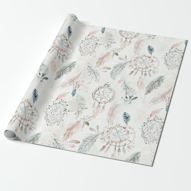 DREAMCATCHER Boho Feathers Neutral Wrapping Paper (Unrolled)