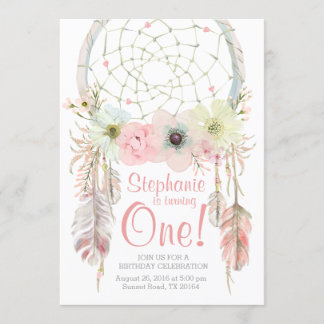Dreamcatcher boho pink pastel Birthday invitation