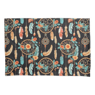 Dreamcatcher dark floral feather orange teal pillowcase
