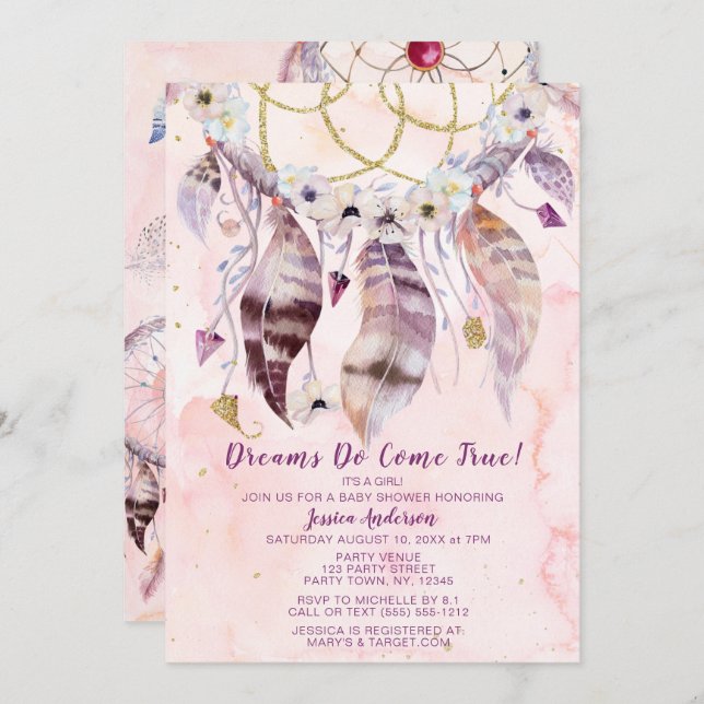 Dreamcatcher Dream Come True Girl Baby Shower Invitation (Front/Back)