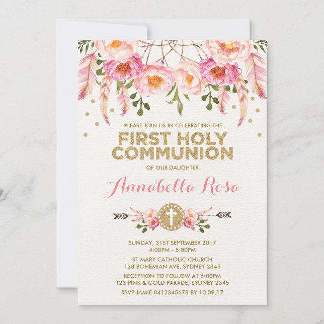 Dreamcatcher Holy Communion Chic Pink Gold Floral Invitation (Front)