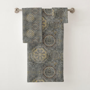 Dreamcatcher mandala grey yellow bath towel set