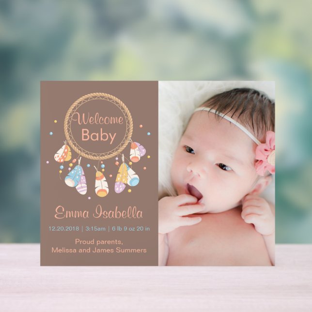 Dreamcatcher New Baby Newborn Birth Announcement 2 Acrylic Sign (Neutral)