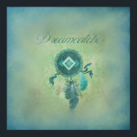 Dreamcatcher On a Misty Green Background Poster<br><div class="desc">Native American protective dreamcatcher. Turquoise blue, deep purple and soft golden coloured feathers hang down from a circular hoop designed with arrow and diamond shaped symbols in its centre. The dream catcher is a traditional symbol in Native American culture and spirituality, decorated with sacred objects and thought to aid in...</div>