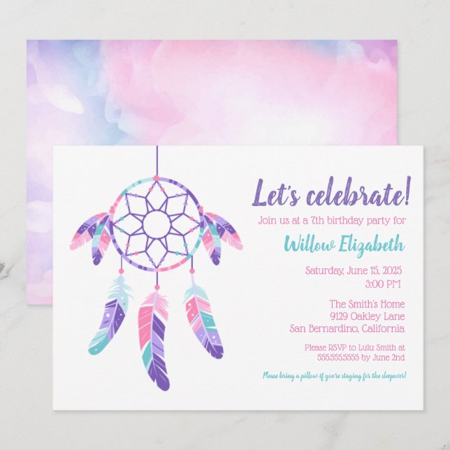 Dreamcatcher pink purple teal kids birthday party invitation (Front/Back)