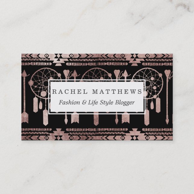Dreamcatcher Rose Gold Tribal Aztec on Black Business Card (Front)