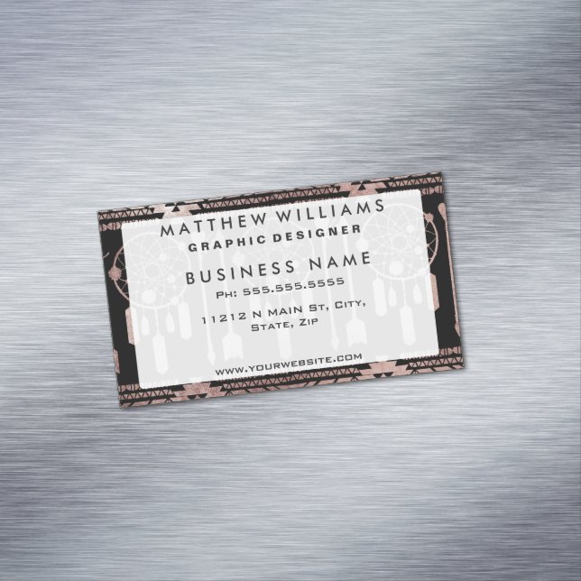 Dreamcatcher Rose Gold Tribal Aztec on Black Magnetic Business Card (In Situ)