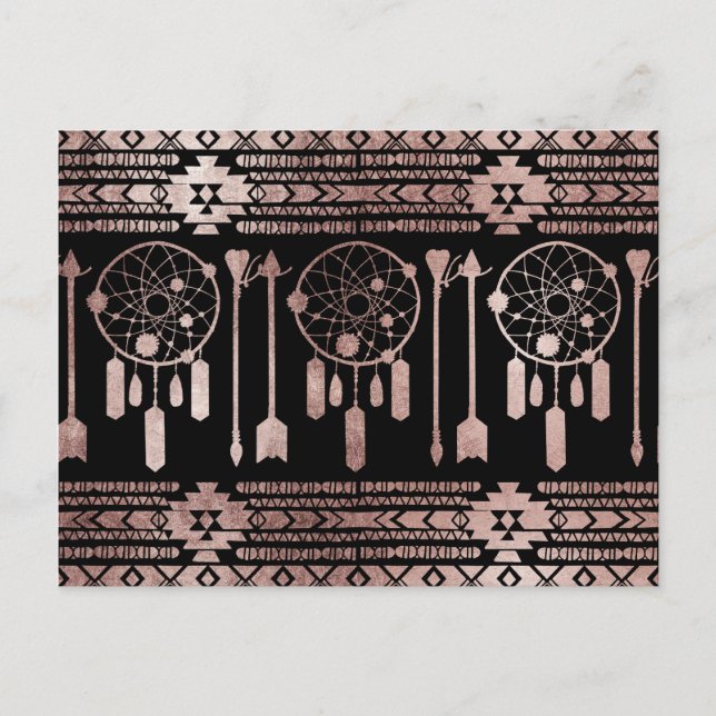 Dreamcatcher Rose Gold Tribal Aztec on Black Postcard (Front)