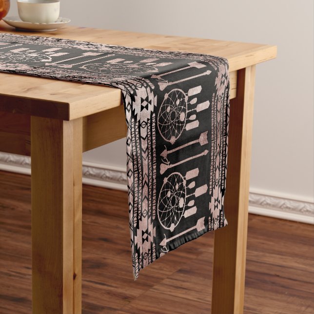 Dreamcatcher Rose Gold Tribal Aztec on Black Short Table Runner (In Situ)