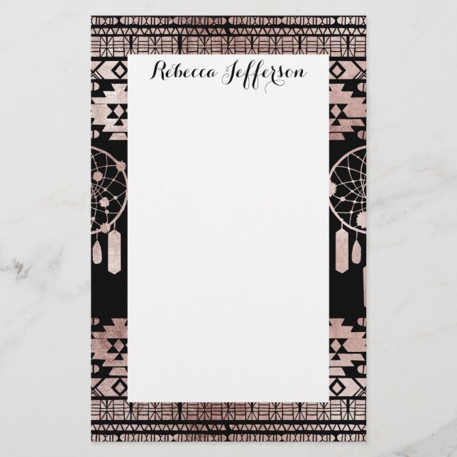 Dreamcatcher Rose Gold Tribal Aztec on Black Stationery (Front)
