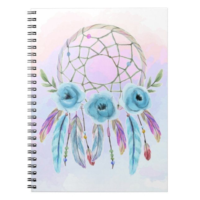 Dreamcatcher Watercolor Feathers Rustic Boho Chic Spiral Notebook (Front)
