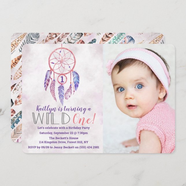 Dreamcatcher Wild One Photo Birthday Invitations (Front/Back)
