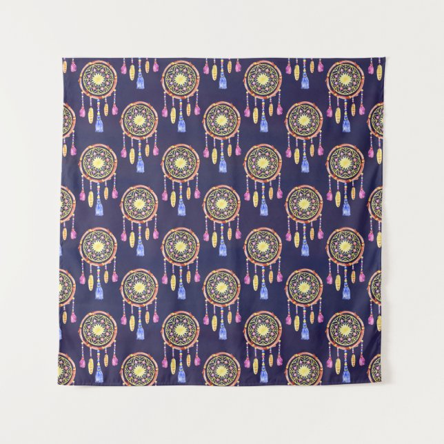 Dreamcatchers Feathers Watercolor Seamless Texture Tapestry (Front)