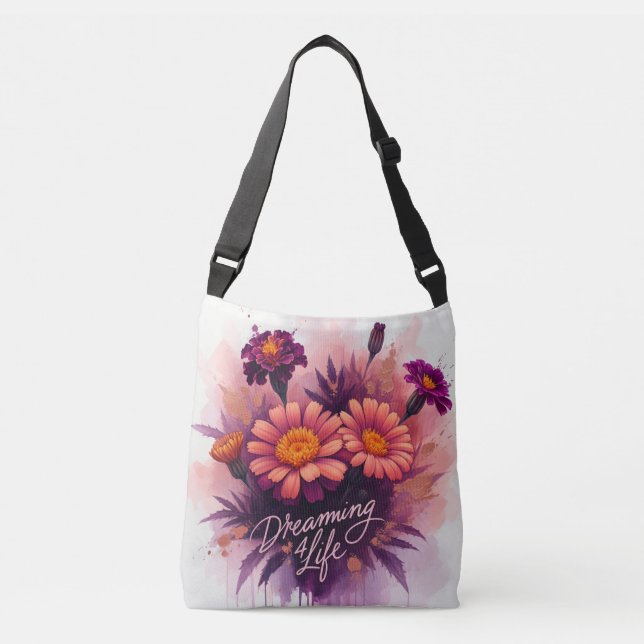 Dreamer 4 Life - Watercolor Marigold Floral Crossbody Bag (Front)