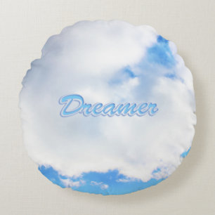 Dreamer Puffy White Clouds and Blue Sky Round Cushion
