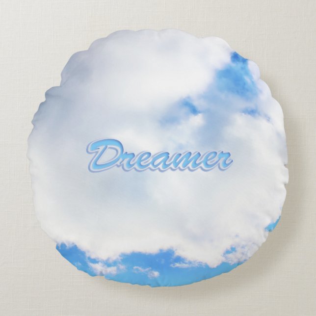 Dreamer Puffy White Clouds and Blue Sky Round Cushion (Front)