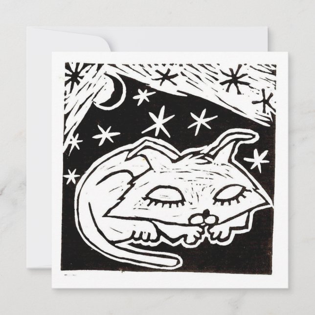 Dreaming Between the Stars Cat linocut Invitation (Front)