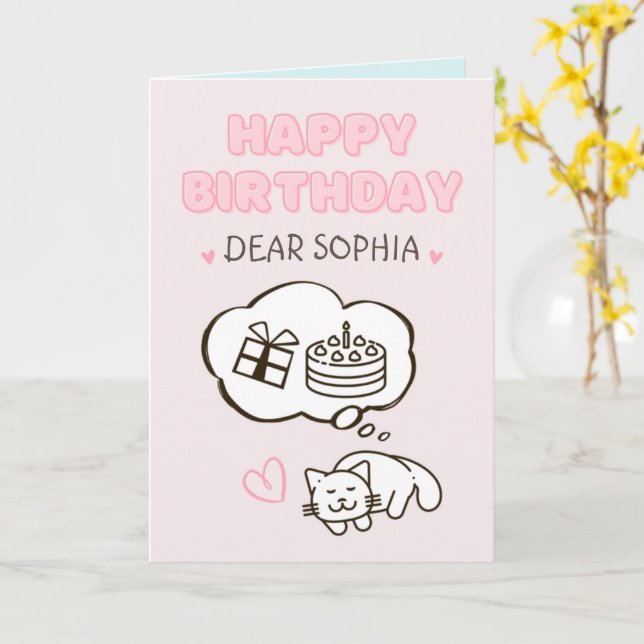 Dreaming Cat&Cake&Gift Happy Birthday Card (Yellow Flower)