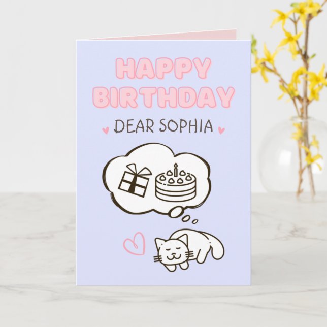 Dreaming Cat&Cake&Gift Happy Birthday Card (Yellow Flower)