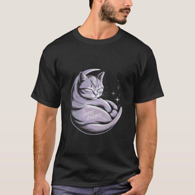 Dreaming Cat Design with Sleeping Kitty on Moon T-Shirt (Front)