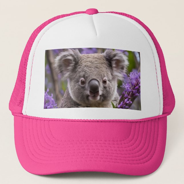 "Dreaming in Purple: A Koala in a Jacaranda Tree Trucker Hat (Front)