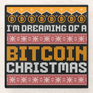 Dreaming of a BITCOIN CHRISTMAS Faux Knit Pattern Glass Coaster