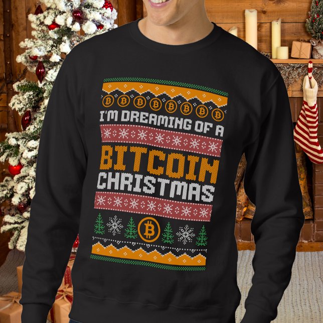 Dreaming of a BITCOIN CHRISTMAS Faux Knit Pattern Sweatshirt (Fun, stylish DREAMING OF A BITCOIN CHRISTMAS ugly sweatshirt for family and coworker parties)