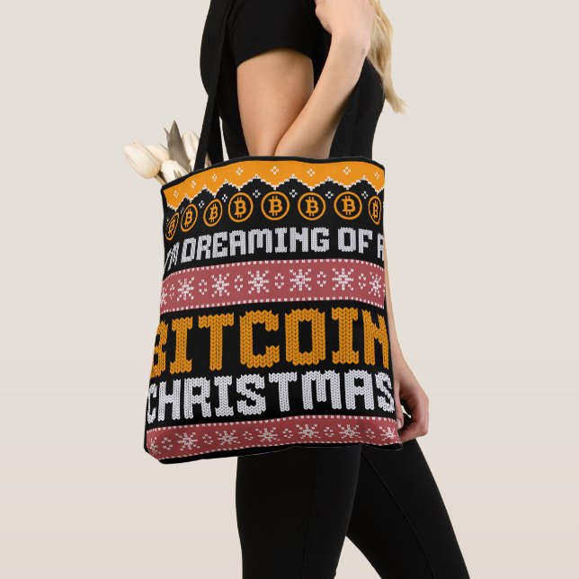 Dreaming of a BITCOIN CHRISTMAS Faux Knit Pattern Tote Bag (Close Up)