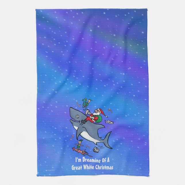 Dreaming Of A Great White Shark Christmas Tea Towel (Vertical)