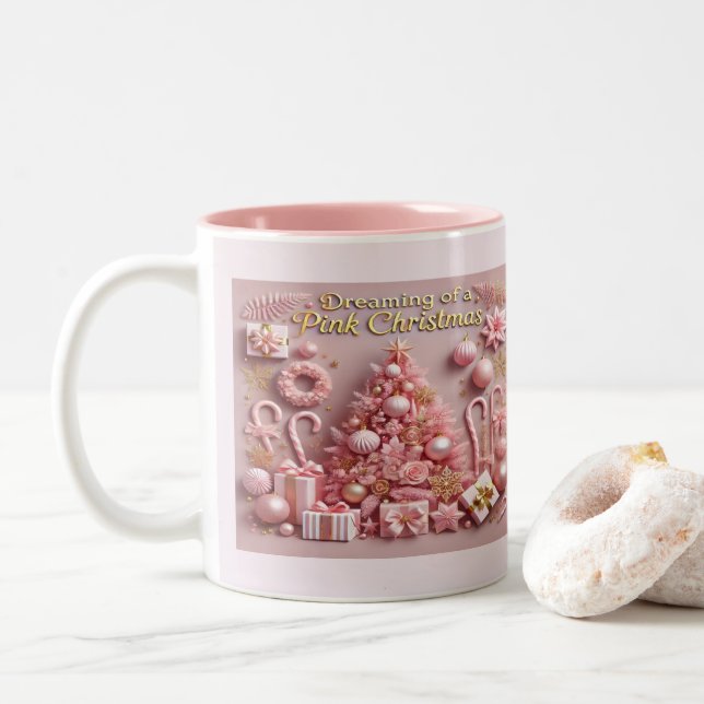 Dreaming of a Pink Christmas  Two-Tone Coffee Mug (With Donut)