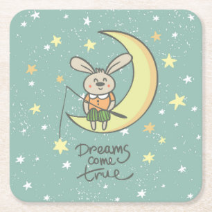 Dreams Come True Bunny on the Moon Square Paper Coaster