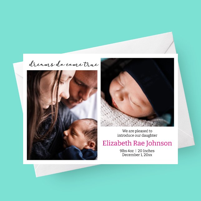 Dreams Come True Photo Baby Birth Announcement (Dreams Do Come True Photo Birth Announcement Card with Two Photos)