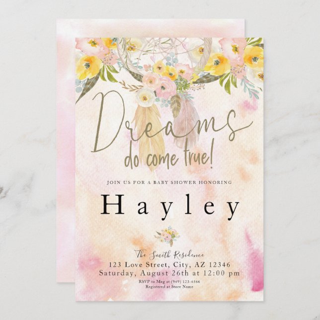 Dreams Do Come True Watercolor Boho Baby Shower Invitation (Front/Back)