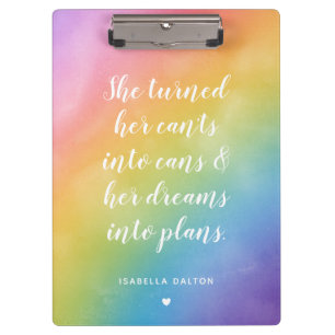 Dreams Into Plans Watercolor Rainbow Custom Name Clipboard